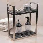 استند رومیزی دو طبقه بدنه کروم با کف سنگ مشکی s-1006