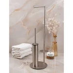 استند ایستاده فرچه دار با جای دستمال توالت پایه گرد رنگ استیل مات - Image 2