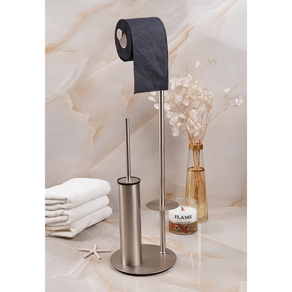 DSC07671 استند ایستاده فرچه دار با جای دستمال توالت پایه گرد رنگ استیل مات - Image 1