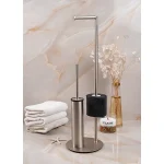 استند ایستاده فرچه دار با جای دستمال توالت پایه گرد رنگ استیل مات - Image 6