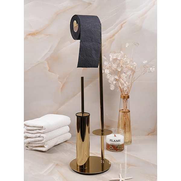 DSC07676 استند ایستاده فرچه دار با جای دستمال توالت پایه گرد رنگ طلایی براق - Image 1