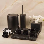 ست سرویس بهداشتی کریستال مشکی با سینی کفه سنگ با جای دستمال و سطل و فرچه کد55