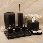 ست سرویس بهداشتی کریستال با سینی کفه سنگ مشکی با جای دستمال و سطل و فرچه کد57