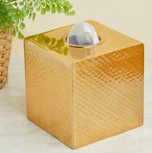 سایت دستمال باکسی رو میزی استیل چکشی طلایی - Image 1