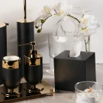 ست سرویس بهداشتی 7 پارچه ی برنجی پایه دار مشکی طلایی وارداتی - Image 4