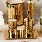 ست سرویس بهداشتی 6 پارچه ی برنجی طرحدار وارداتی رنگ طلایی - Image 3